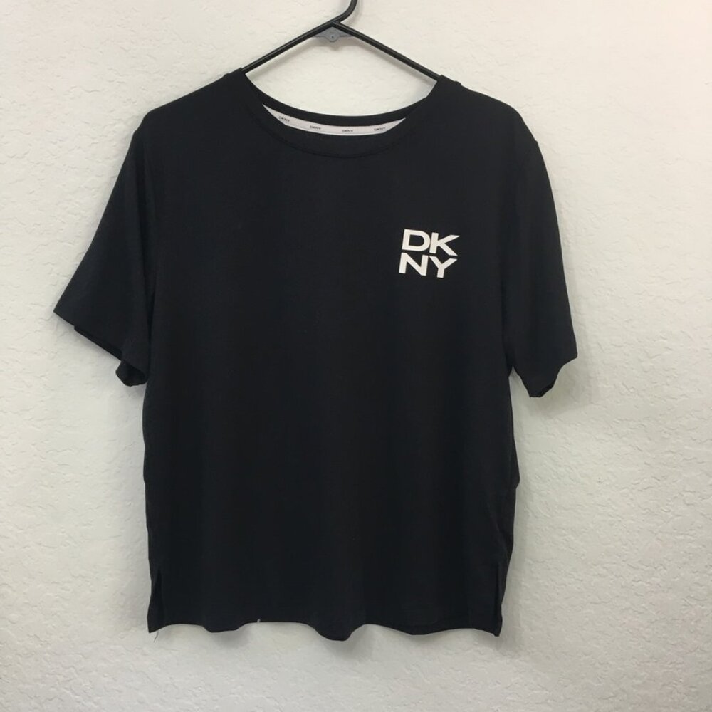 DKNY Sleep Wear Top Black DKNY Logo Printed Womens Medium Stretch Crew Neck